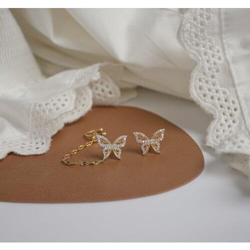 14k Real Gold Design Asymmetrical Butterfly Micro Inlaid Zircon Temperament Ear Bone Clip Integrated Earrings Female Gift Girl