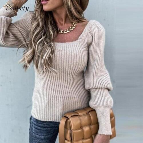 Office Lady Elegant Square Collar Backless Sweater Streetwear 2021 Autumn Winter Simple Chic Solid Warm Knit Sweaters Pullovers