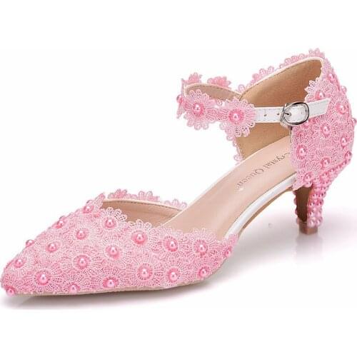 Women Shoes White Lace Wedding Shoes Sexy High Heels Shoes Pumps White Lace Sweet Princess Party Pearl flowers Pink Heels