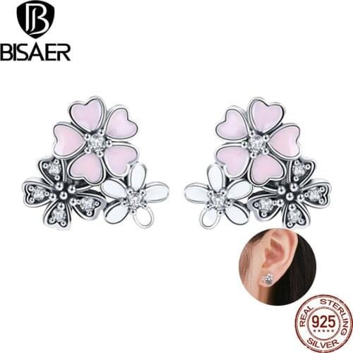 Authentic 925 Sterling Silver Cherry Daisy Flower Dazzling CZ Stud Earrings for Women Sterling Silver Jewelry brincos ECE400