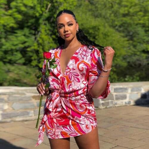 Womens 2021 Summer New Fashion Printed Sexy Shirt Skirt Cross V-Neck Dress Cool and Casual