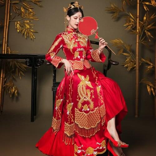 Women Phoenix Embroidery Red Cheongsam Qipao Ancient Bride Marriage Costume Toast Clothing Traditional Chinese Wedding Dress