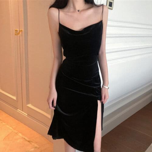Sexy Black Spaghetti Strap Dress Spring and Summer Women 2021 New Gold Velvet Base Suspender Long Split Small Sling Party Dress