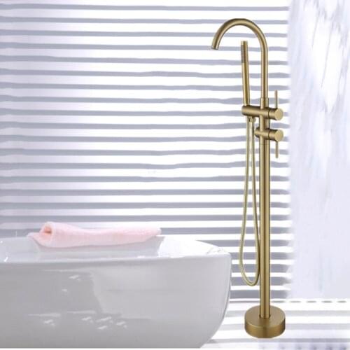 Gold Bathroom Bathtub Faucet + Handheld Shower Free Standing Brushed Gold BathTub Mixer Taps Floor Mounted 5 colors for choice