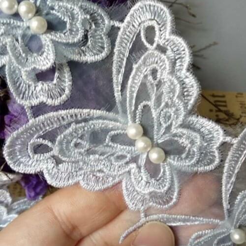 10x Light Blue Butterfly Pearl Embroidered Lace Trim Ribbon Fabric Handmade DIY Sewing Craft For Costume Hat Shoes Decoration