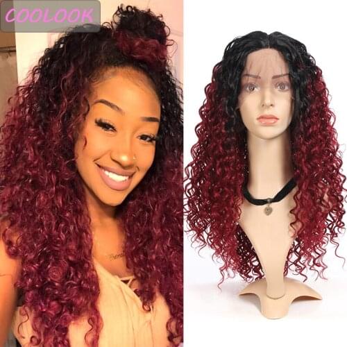 Afro Kinky Curly Lace Front Wigs 18inch Kinky Curly Red Wigs for Black Women Naural Synthetic Ombre Brown Curls Lace Wig Cosplay