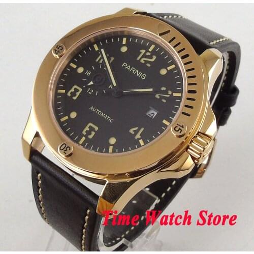 Gold plated 43mm Parnis watch 24 hours Sapphire glass black dial luminous MIYOTA Automatic movement Mens watch 1024