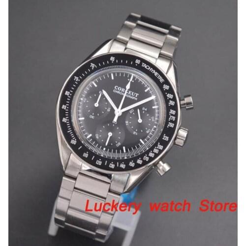 Corgeut 40mm Quartz mens watch Full Chronograph Black dial Arched glass black bezel stop watch-CQ06