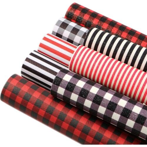 David accessories 20*33cm 6-8pcs/set Plaid Striped Faux Synthetic Leather Fabric Set DIY Bow Craft Supplies Materials,1Yc10132