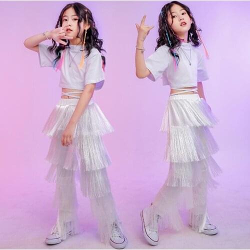 Kids cool Hip Hop Outfits Clothing High Neck White Crop Top Tassel Pants Street wear Girls Jazz Dance Costumes Clothes suit