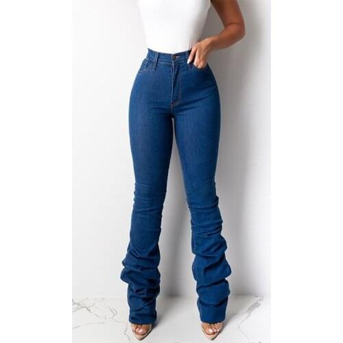 Cotton Pleated Women Jeans Side Split Hipster High Waist Slim Long Trousers Skinny Pockets Basic Streetwear Female Bottoms