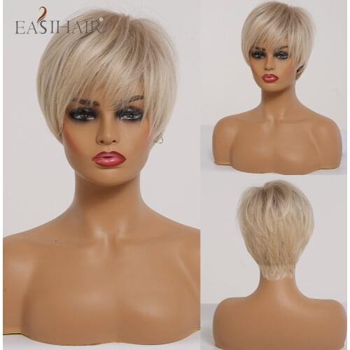Short Silky Straight Ombre Brown Blonde Wigs with Bangs Trendy Layered Hairstyle for women Cosplay Synthetic Wigs Heat Resistant