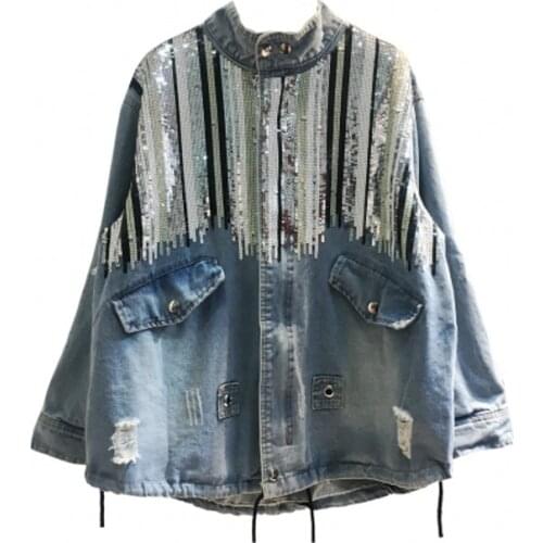 Oversize Coat Woman Sequined Bling Jacket European Style Female Spring Autumn Denim Jacket Women