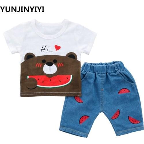 Summer T-shirt + denim shorts Cartoon cotton short sleeves kids costume Childrens summer 2 piece set Baby clothes suit