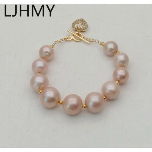 LJHMY Big Natural Real Freshwater Pearl 11-12mm Bracelet with Heart Pave Pendant Charm Bracelet Women