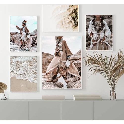 Boho Woman Wall Art Print Wild Grass Reeds Poster Ocean Landscape Canvas Painting Nordic Picture Scandinavian Decor Pictures