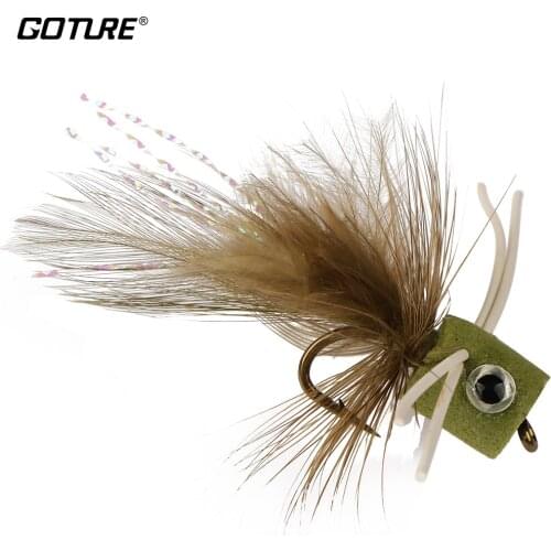 Goture 5pcs/Lot Fly Fishing Lure Bait Topwater Popper Surface Dry Flies for Carp Bass Fishing with Mustard Hook 3
