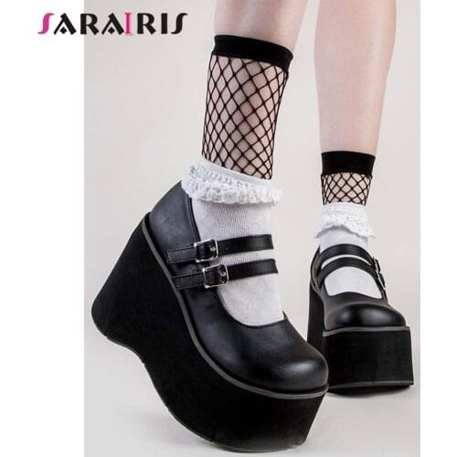 SaraIris The Big Size 43 Women Solid Buckle Platform Marry Janes Shoes Lolita Thick Bottom Gothic Womens Pumps Girls Pumps
