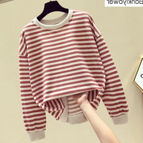 Cotton Stripe Sweatshirt Womens Loose 2021 New Spring And Autumn Long Sleeve Slim Pullover Hoodless Round Neck Top