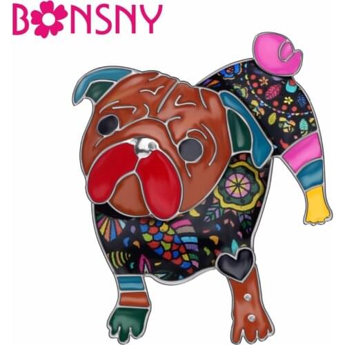 Bonsny Alloy Enamel Unique Novelty Pug Dog Brooches Fashion Clothes Scarf Pin Fashion Animal Jewelry For Women Girls Gift Bijoux