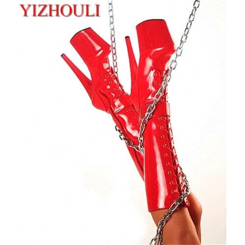 Mature black seduction stage leather high boot, model catwalk high heel dancing shoes, 15 cm with high.Pole dancing shoes