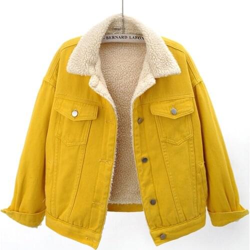 Winter Thick Warm Lamb Wool Liner Denim Jacket Women Pink Red Black White Purple Yellow Outwear Loose Short Jeans Jackets Female