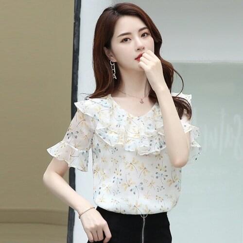 Women Spring Summer Style Chiffon Blouses Shirts Lady Casual Short Sleeve Off Shoulder Printed Blusas Tops DD8244