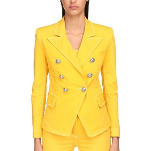 EXCELLENT QUALITY 2021 Designer Women Blazer Lion Buttons Double Breasted Top Stitching Contrasting Yellow Denim Blazer Jacket