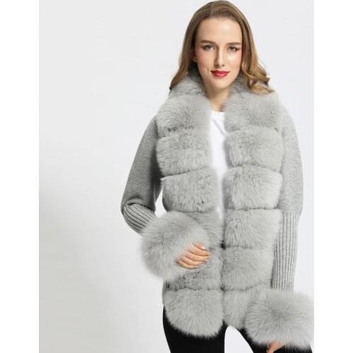 Janefur Knitted Puff Sleeve Fur Sweater Cardigan Fashion Women Real Fox Fur Coat Ladies Natural Fox Fur Jacket