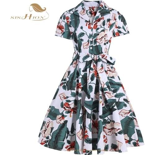 SISHION Floral Leave Printed Short Sleeve Women Cotton Dress VD1762 Swing Rockabilly Punk 50s 60s Inspired Vintage Dress