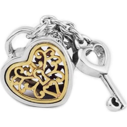100% 925 Sterling Silver Key Lock of Love Heart Beads Fits Europe Bracelets Charms Silver 925 Original DIY Jewelry Making
