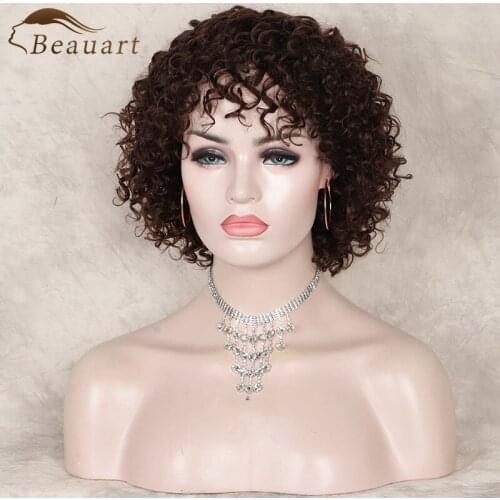 Beauart Afro Curly 100% Human Hair None Lace Front Wig For Black Women 12" Natural Wave Curls Wig With Bangs Bob Cut Full Wigs