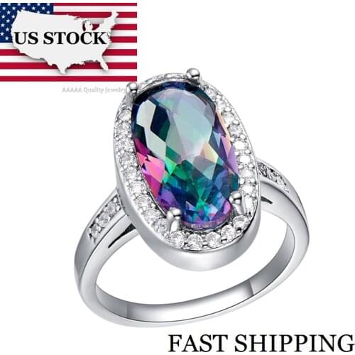 USA STOCK Uloveido Big Crystal Colorful Rings for Women Silver Color Purple Cubic Zirconia Engagement Ring Size 6 7 8 9 J072