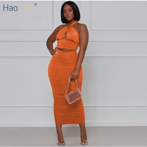 HAOYUAN Sexy Two Piece Set Off Shoulder Crop Top Bodycon Draped Maxi Dress Backless Summer Outfits for Women Club Matching Sets