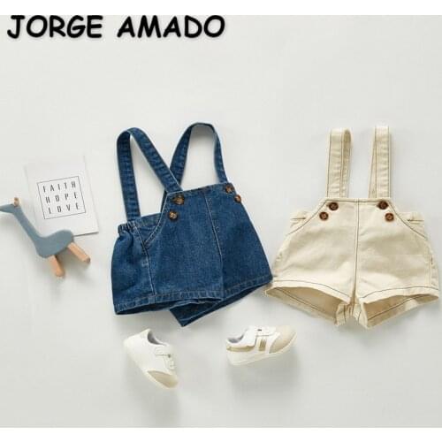 2021 New Spring Baby Girls Boys Overalls Shorts Solid Color Denim Pants Loose Style Kids Casual Clothes E04