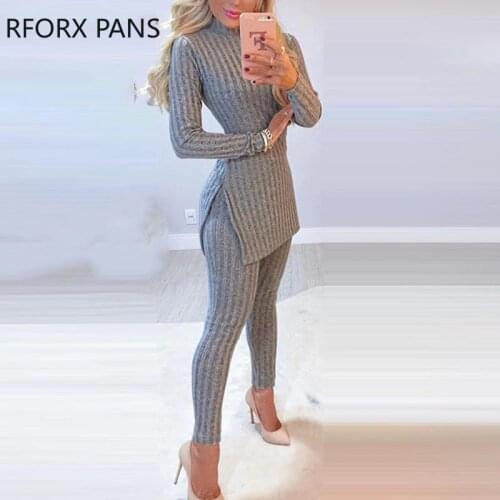 Women Solid Knitted Long Sleeve Skinny T-shirts With Skinny Pants Set Casual Women Sets