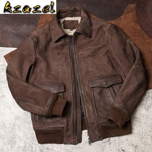 Azazel Mens Genuine Leather Jacket Men Vintage Cowhide Goatskin Leather Coat Autumn Winter Bomber Flight Jacket Plus Size KJ