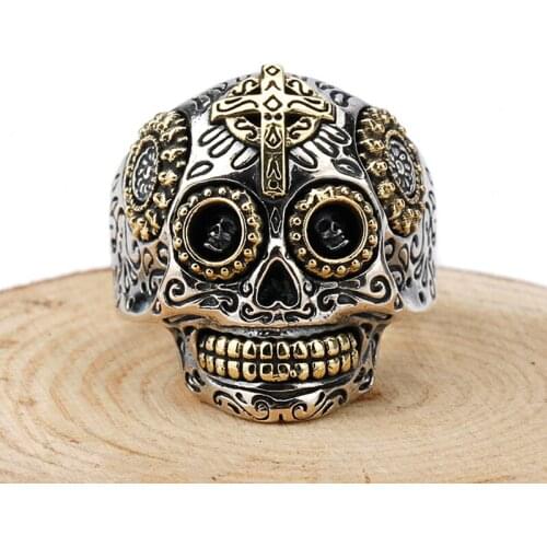 Unique Silver Color 925 Silver Heavy Sugar Skull Ring Mens Gothic Personality Punk Ring Fashion Metal Accessories Party Jewelry