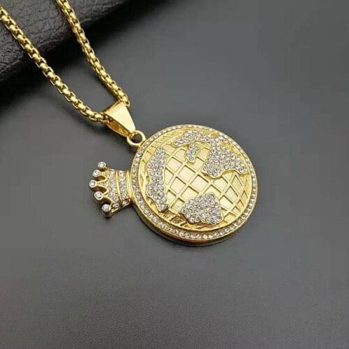 Hip Hop Bling Iced Out Gold Color Stainless Steel Crown Globe Pendants Necklaces for Men Rapper Jewelry Drop Shipping
