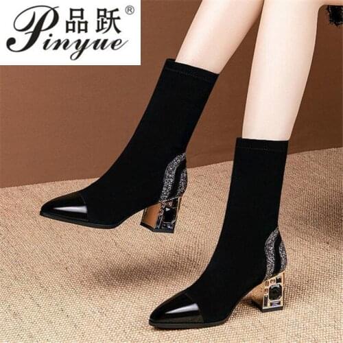 Slim Short Boots Woman Mid Calf Boot Elastic Fabric Rhinestone Square Heel Womens Winter Shoes Female Footware BLACK