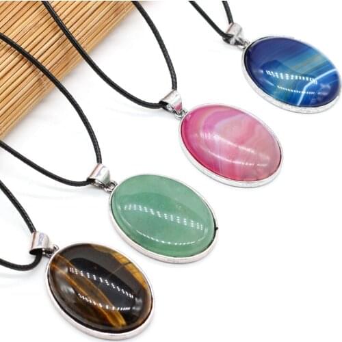 Natural Stone Agates Egg Shape Tiger Eye Rose Quartzs Wax Thread Necklace Pendant Women Gift Jewelry Size 30x42mm Length 55cm
