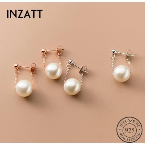 Real 925 Sterling Silver Round Pearl Chain Hoop Earrings For Fashion Women Party Fine Jewelry Punk Minimalist Accessories