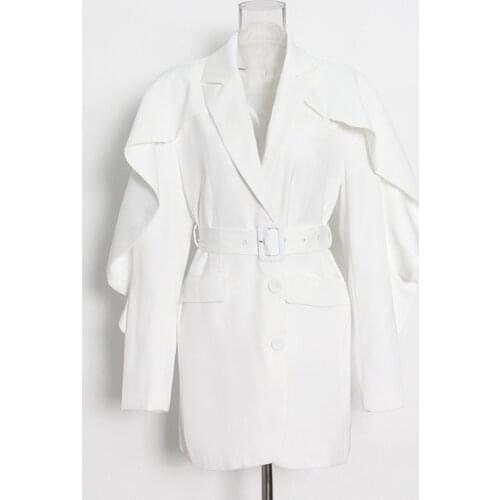 Blue Blazers Women Notched Collar Ruffle Sleeve High Waist Plus Sashes Elegant Office Suit Jacket Female 2021 Autumn Clothes New