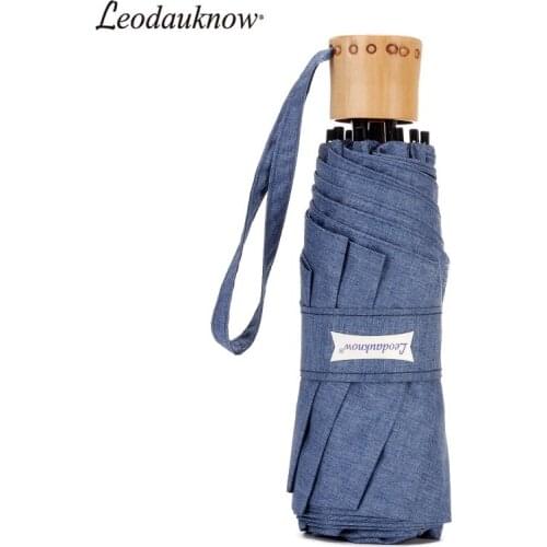 Leodauknow Five-Fold Pocket Mini Bamboo Handle Plain Color Uv Protection Mens and Womens Portable Sunny and Rainy Umbrella