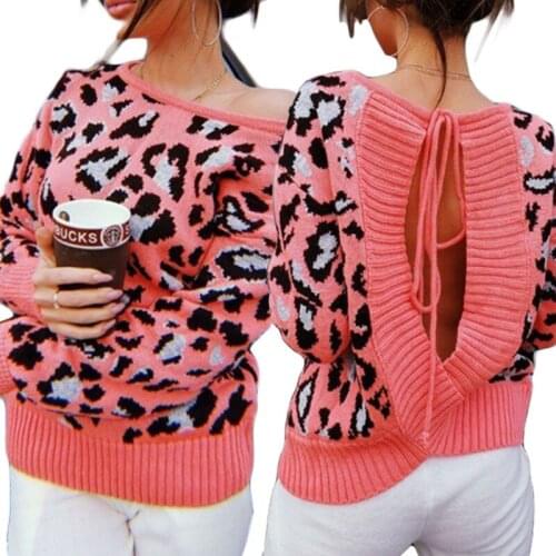 Women Leopard Print Sweaters, Casual Long Sleeve Open Back Tie Up Knitted Pullover Tops Spring Autumn