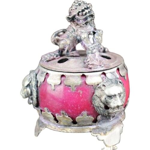 Tibet Silver Carving Red Jade Hollowed Out Fragrance Stove Antique