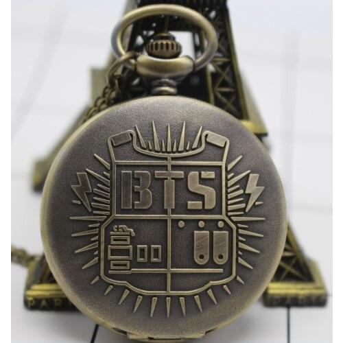 Vintage BTS Quartz Pocket Watch Analog Pendant Necklace Chain Mens Womens Watches Birthday Gift relogio de bolso Bronze PA36