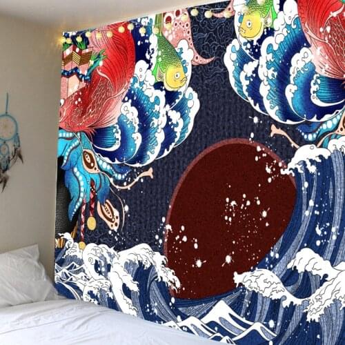 Japanese Tapestry Wall Hanging Anime Abstract Picture Ukiyoe Wave Crane Fish Hippie Boho Home Room Decor Trippy Art Tapiz Carpet