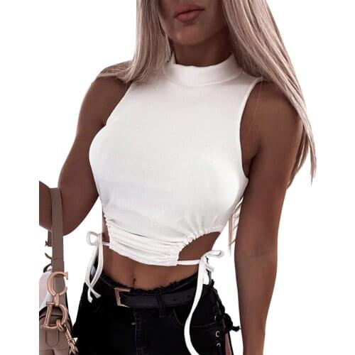 Womens Rib Knit Tank Tops, Sleeveless Mock Neck Solid Color Cut Out Lace Up Crop Tops