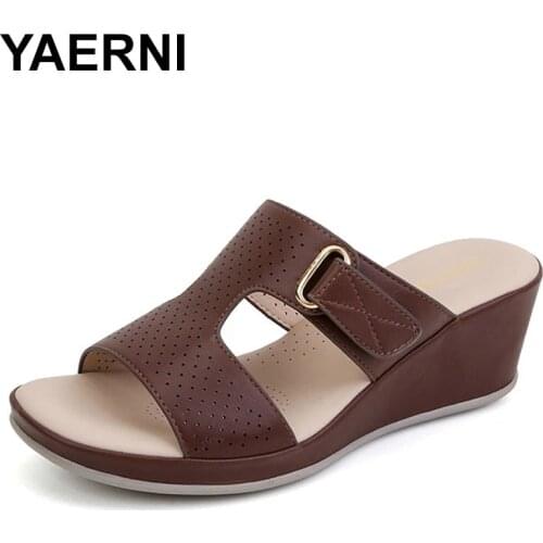 YAERNISlippers Casual Low Big Size Shoes Rivet Slides On A Wedge Slipers Women Luxury 2021Soft Metal Decoration PU FabricLeisure